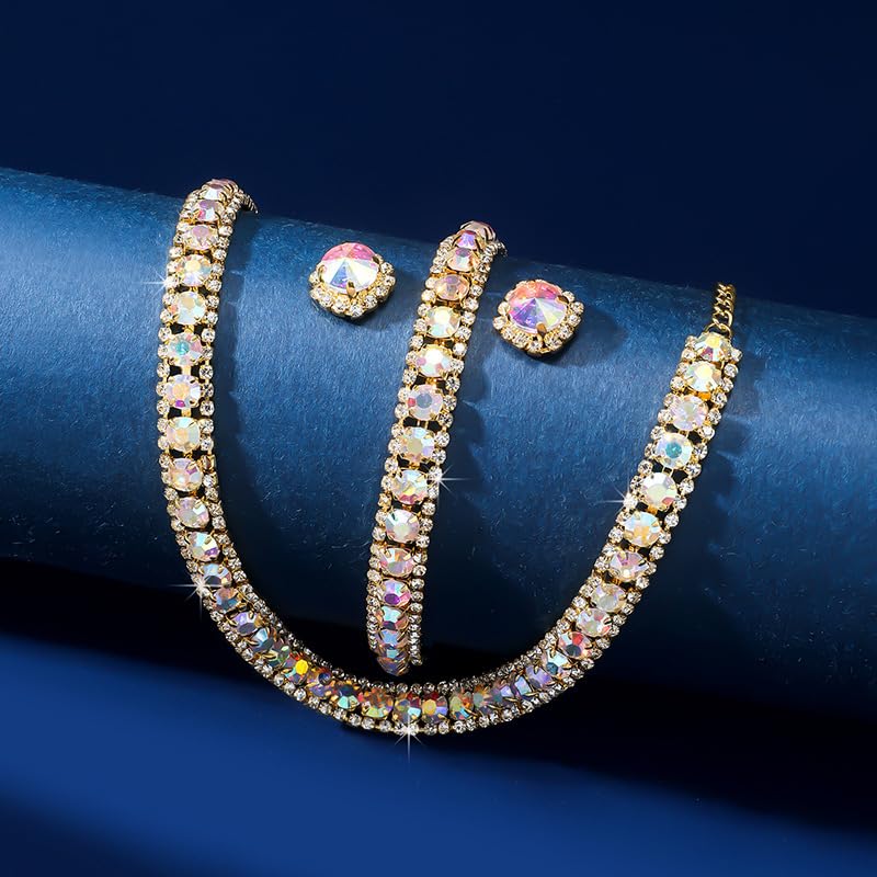 Women Rhinestone Crystal Jewelry Set Crystal Tennis Design Rhinestone Choker Necklace Link Bracelet Teardrop Earrings Set Wedding Bridal Bridesmaids Party - color: Gold Plated AB Crystal（2）
