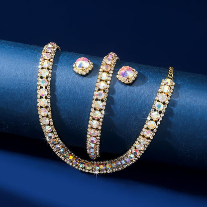 Women Rhinestone Crystal Jewelry Set Crystal Tennis Design Rhinestone Choker Necklace Link Bracelet Teardrop Earrings Set Wedding Bridal Bridesmaids Party - color: Gold Plated AB Crystal（2）