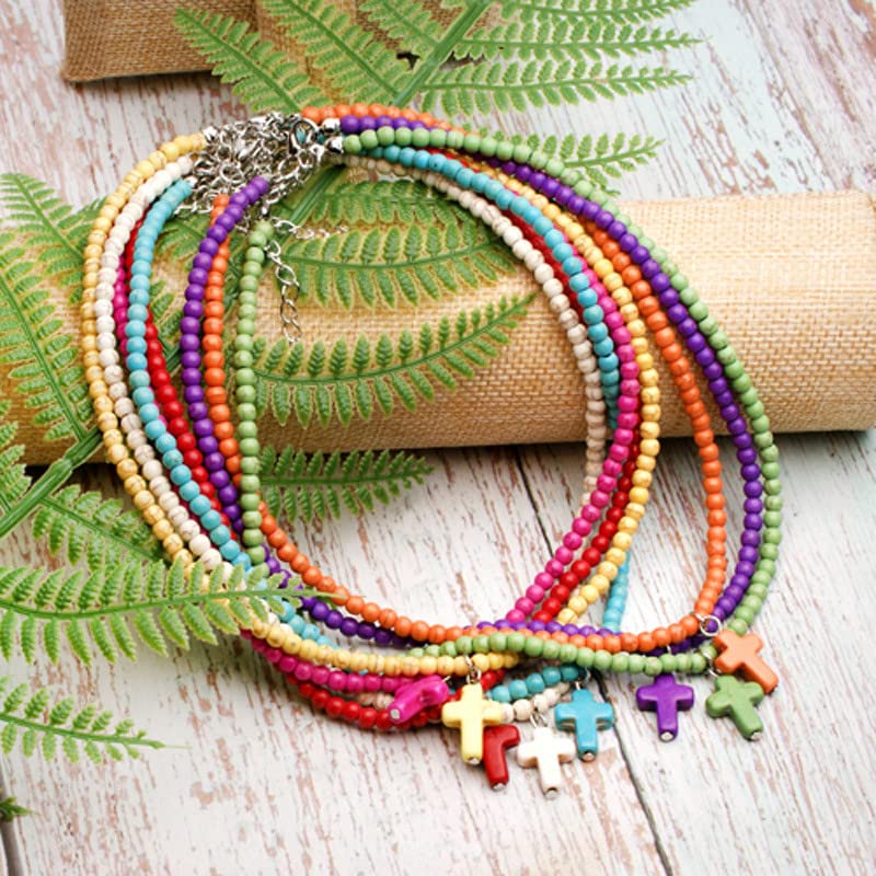 Small Dainty Cross Necklace Pendant Bohemian Turquoise Seed Bead Beaded Necklace Choker for Women Men Faith Jewelry Gift - color: 01 Orange