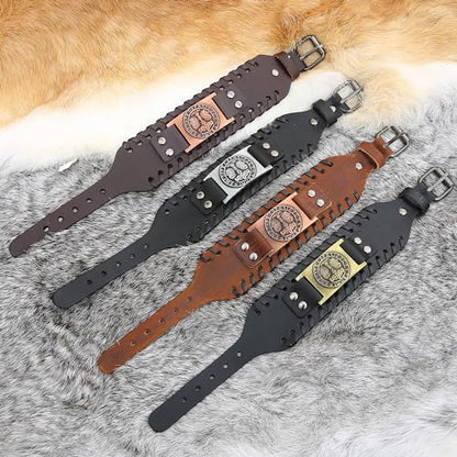 GelConnie Viking Bracelet Punk Leather Cuff Bracelet Gothic Leather Wristband Bracelet with Nordic Amulet Scandinavian Talisman Celtic Pagan Jewelry - color: MLPB082-Silver
