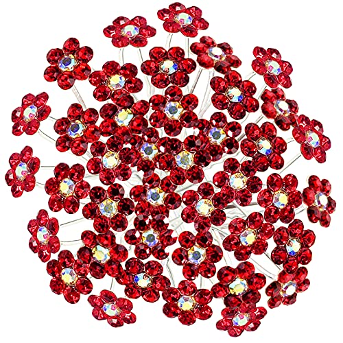 Rhinestone Flower Hair Pins, 40 Pcs U-Shaped Crystal Party Wedding Bridal Hair Accessories for Women Girls (Red) - color: Red