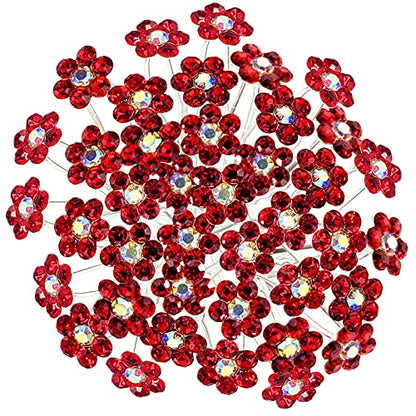 Rhinestone Flower Hair Pins, 40 Pcs U-Shaped Crystal Party Wedding Bridal Hair Accessories for Women Girls (Red) - color: Red