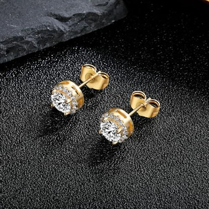 MDFUN Halo Stud Earrings 18K Gold Plated 5A+ Cubic Zirconia Round Earrings Hypoallergenic Ears Jewelry for Women Men - color: Yellow Gold