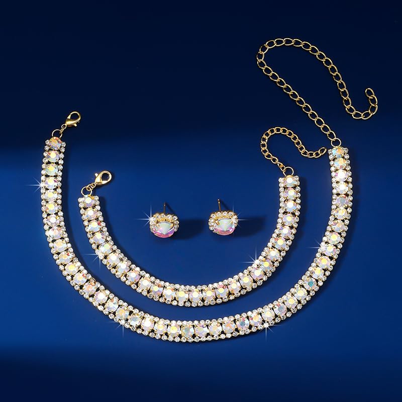 Women Rhinestone Crystal Jewelry Set Crystal Tennis Design Rhinestone Choker Necklace Link Bracelet Teardrop Earrings Set Wedding Bridal Bridesmaids Party - color: Gold Plated AB Crystal（2）