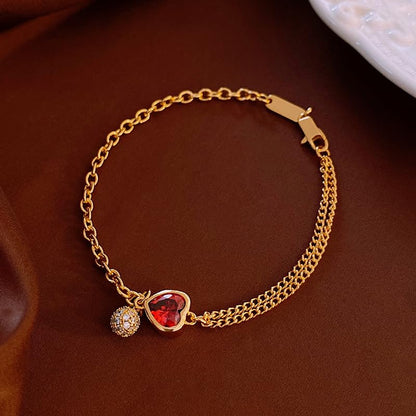 Gold Chain Hand Charm Heart Bracelet For Women Dainty Red Gemstone Charm Double Chain Bracelet Hypoallergenic Trendy Fashion Jewelry for Daily Wear