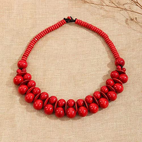 COLORFUL BLING Ethnic Large Chunky Wooden Beaded Necklaces Boho African Statement Necklace Handmade Tribal Collar Choker Bib Jewelry - color: joint red