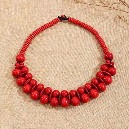 COLORFUL BLING Ethnic Large Chunky Wooden Beaded Necklaces Boho African Statement Necklace Handmade Tribal Collar Choker Bib Jewelry - color: joint red