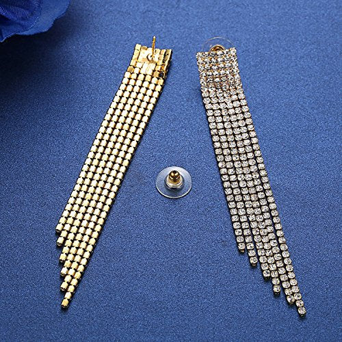 Silver Rhinestone Crystal Bridal Chandelier Long Tassels Dangle Earrings for Wedding - color: A-gold earring