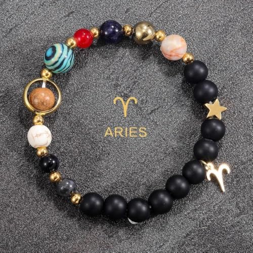 Solar System Planet Bead Zodiac Sign Stretch Bracelet for Men Women | Matte black beads with solar system planet stones, unisex design, perfect birthday holiday gift for men women - color: aries