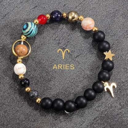 Solar System Planet Bead Zodiac Sign Stretch Bracelet for Men Women | Matte black beads with solar system planet stones, unisex design, perfect birthday holiday gift for men women - color: aries