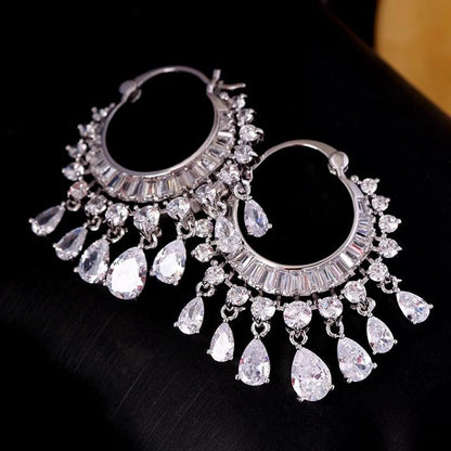 Hoop Earrings with Teardrop Dangles, Clear Crystal Chandelier Fringe Drop, Luxury Bridal Wedding Jewelry Gifts for Women