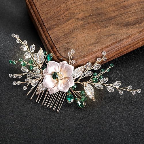 Flower Leaf Design Wedding Hair Comb, Metal Bridal Hair Accessory with Rhinestone, Wedding Prom Hair Clip Headpiece for Women (Gold Green Flower) - color: Gold Green Flower