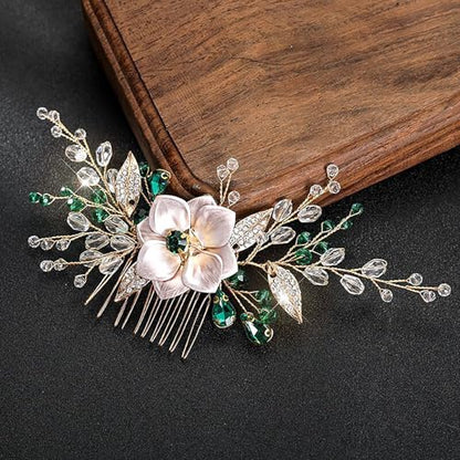 Flower Leaf Design Wedding Hair Comb, Metal Bridal Hair Accessory with Rhinestone, Wedding Prom Hair Clip Headpiece for Women (Gold Green Flower) - color: Gold Green Flower