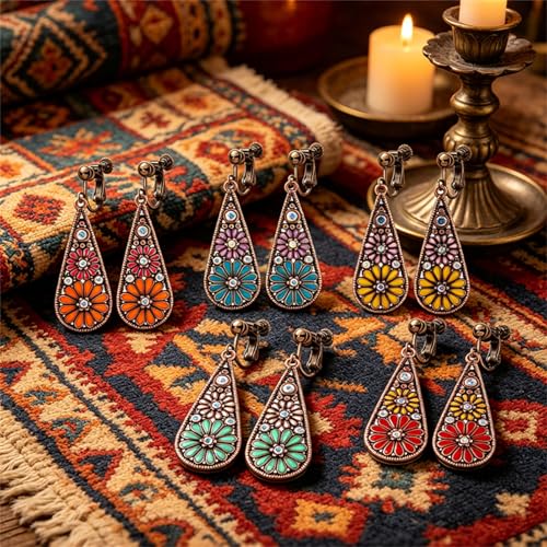 6 Pairs Bohemian Copper Crystal Teardrop Clip On Earrings for Women Handmade Colorful Enamel Floral Dangle Drop Earrings Retro Tribal Style Geometric Design Jewelry Gifts - color: Brown