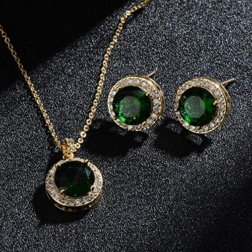 Bridal Crystal Jewelry Set - Sterling Silver Round Cubic Zirconia CZ Rhinestone Halo Birthstone Pendant Necklace Stud Earrings Set for Wedding Bride Bridesmaids Birthday Gift - color: Emerald Green