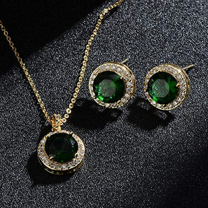 Bridal Crystal Jewelry Set - Sterling Silver Round Cubic Zirconia CZ Rhinestone Halo Birthstone Pendant Necklace Stud Earrings Set for Wedding Bride Bridesmaids Birthday Gift - color: Emerald Green