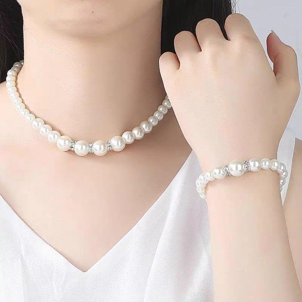 CSIYANJRY99 Pearl Necklace and Earring Set Faux Pearl Jewelry Sets for Women Imitation Beaded Pearl Necklace Bracelet Stud Earrings for Women - color: Pearl Jewelry Sets