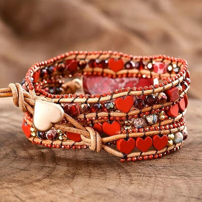 Women Wrap Bracelet Boho Natural Jasper Crystal Stone Beads Strand Bracelets - color: Style 17-Red Heart