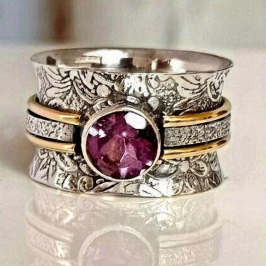 Vintage Two Tone Carved Pattern Inlay Purple Zirconia Wide Rings for Women Bohemian Rings Jewelry - color: Silver & Gold