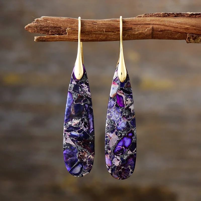 Boho Natural Imperial Jasper Teardrop Dangle Earrings for Women – Hypoallergenic French Hook Stone Drop Earrings Jewelry - color: Purple Golden Hook