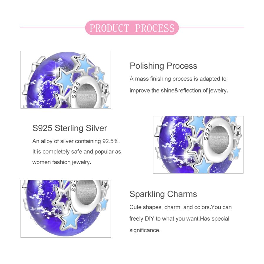 925 Sterling Silver Bead Charm for Pandora Bracelets and Necklaces,Pink Bow Cherry Butterfly Blue Ocean Pendant Bead Charms Jewelry Present Valentines Gifts for Wife/Girlfriend Women - style: Blue Galaxy Murano Glass Bead