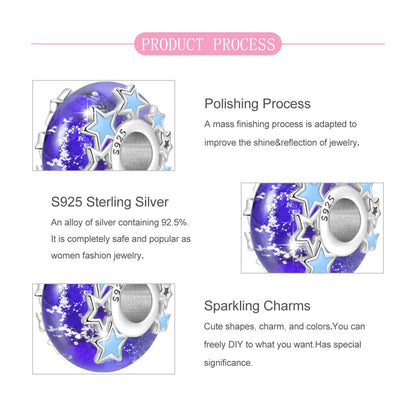 925 Sterling Silver Bead Charm for Pandora Bracelets and Necklaces,Pink Bow Cherry Butterfly Blue Ocean Pendant Bead Charms Jewelry Present Valentines Gifts for Wife/Girlfriend Women - style: Blue Galaxy Murano Glass Bead
