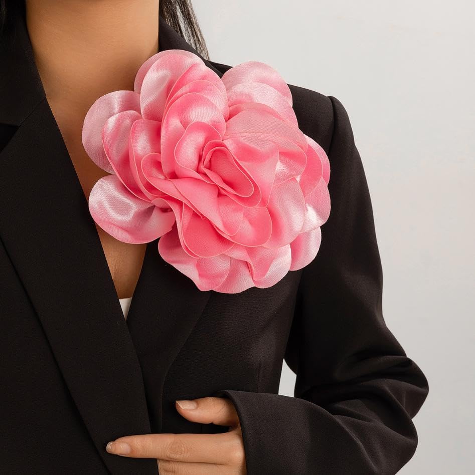 Dainty Satin Fabric Rose Flower Brooches 7.5in Extra Large Big Camellia Flower Brooches Lapel Pins for Women Wedding Party Dance Dress Clothes Accessories - color: Light Pink