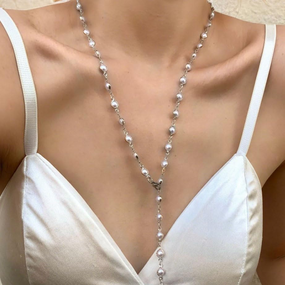 Frodete Gold Lariat Necklace for Women Long Gold Drop Necklace with Clear Beads Adjustable Y Necklace for Dresses Party Vacation - color: A2:silver long necklace
