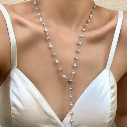 Frodete Gold Lariat Necklace for Women Long Gold Drop Necklace with Clear Beads Adjustable Y Necklace for Dresses Party Vacation - color: A2:silver long necklace