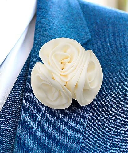 Premium Trio Cluster Flower Lapel Pin - Formal Boutonniere for Men, Flower Brooch Pin - color: Ivory