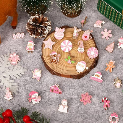 SANNIX 60Pcs Pink Christmas Pins, Christmas Lapel Pins for Party Favors, Xmas Brooch Pin Santa Claus Snowflake Badge for Holiday Gift Clothes Bags Hats Accessories, 30 Styles - style: Pink Christmas Pins