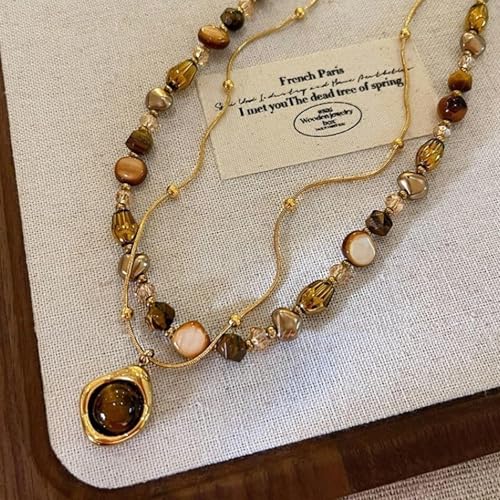 Tiger Eye Layered Necklace for Women Brown Beaded Gold Pendant Boho Western Double Layer Necklace Chain Vintage Aesthetic Jewelry Gift