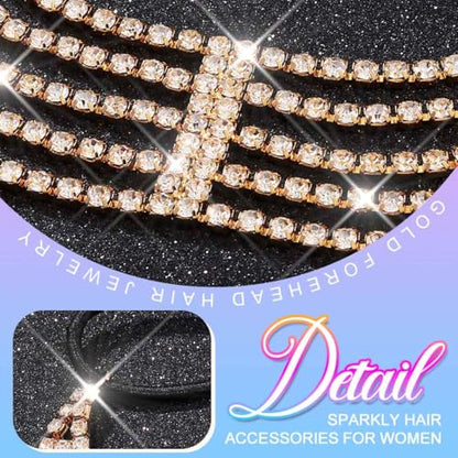 BARTOSI Rhinestone Head Chain Gold Bridal Headpiece Accessories for Women | Forehead Wedding Headband Elastic Crystal Hair Band Sparkly Prom Hair Jewelry - color: B-Gold