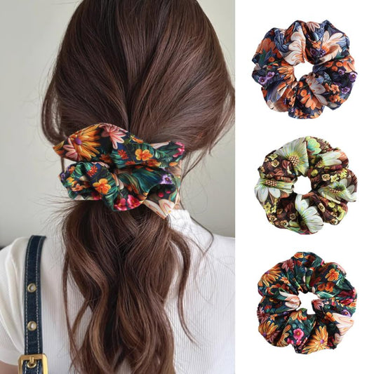 3Pcs Vintage Floral Print Large Scrunchies for Women Thicken Elastic Hair Bands Ponytail Holders Exquisite Fabric Hair Ties for Elegant Updos - color: Multicolored 23