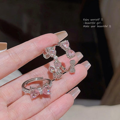 Pink Cubic Zirconia Cute Bowknot Finger Rings 925 Sterling Silver 14K Gold Plated Adjustable Rhinestone Butterfly Bowkont Open Rings Wedding Jewelry for Women（Pink） - color: Pink