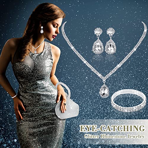 4 Pcs Silver Clutch Purse Jewelry Set for Women Rave Accessories Evening Rhinestone Purse Silver for Bride Wedding - style: Novel Style