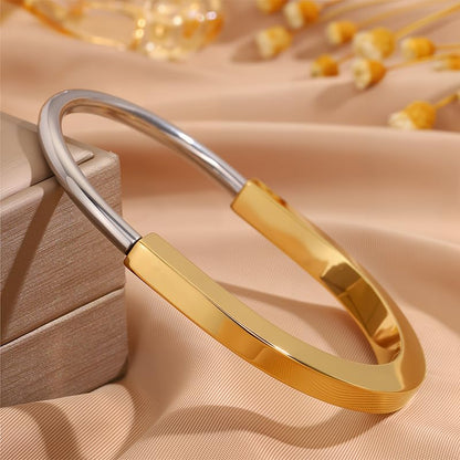 Two Tone Gold Bracelet for Women Lock Inspired Design, Stainless Steel Open Cuff Bangle, Minimalist Gift Jewelry