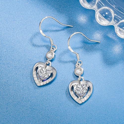 925 Sterling Silver Dangle Earrings with Charms Heart, Water drop, Moon, Star Long Drop Earring for Women Jewelry Gifts Hypoallergenic - color: heart zircon-white