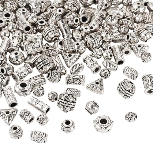 Craftdady 150pcs Antique Silver Tibetan Style Alloy Beads Rectangle Round Column Flat Round Column Leaf Oval Metal Spacer Beads Retro Craft Loose Bead 5.5-12 mm for DIY Bracelet Jewelry Making - color: Antique Silver 15 Style
