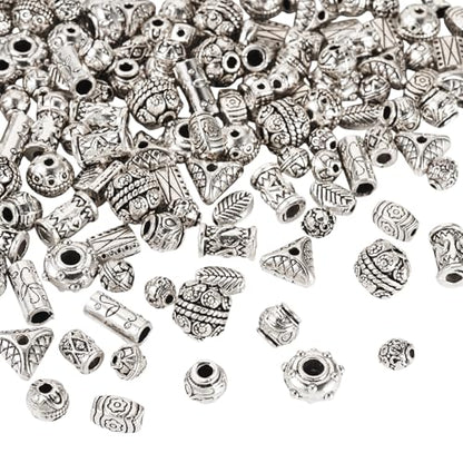 Craftdady 150pcs Antique Silver Tibetan Style Alloy Beads Rectangle Round Column Flat Round Column Leaf Oval Metal Spacer Beads Retro Craft Loose Bead 5.5-12 mm for DIY Bracelet Jewelry Making - color: Antique Silver 15 Style