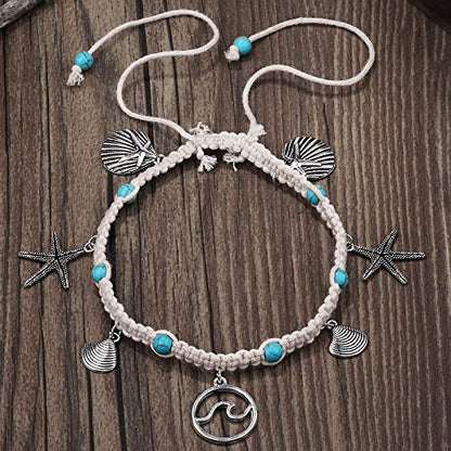 Softones Blue Starfish Turtle Anklet Multilayer Charm Beads Sea Handmade Boho Anklet Foot Jewelry for Women - style: L:Shell Wave Starfish