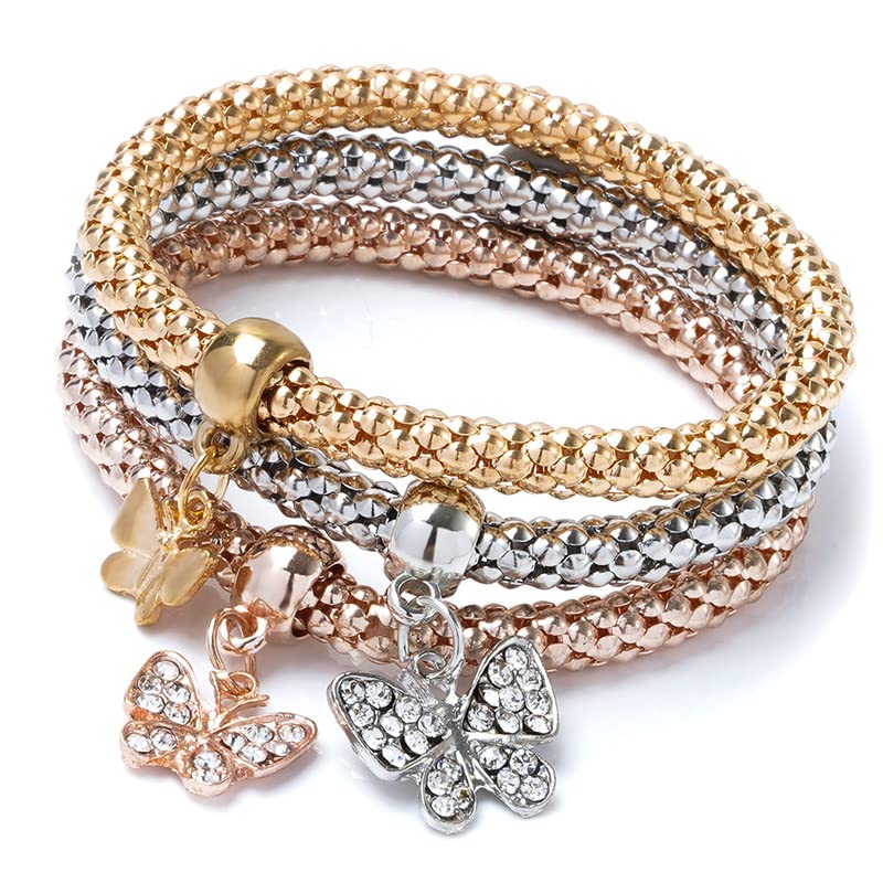 Alegend 14K Gold Plated Stackable Multilayer Bracelets + Titanium Steel(Not Rust, Resist Corruption, Easily Clean) 18K Gold Plated Single Bracelets - color: 14K Gold Crystal Butterfly Diamond-Inlaid