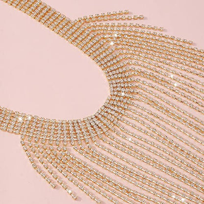 Aomcisi Fashion Women Sexy Rhinestone Bib Choker Necklace Tassel Long Chain Necklace - color: Gold