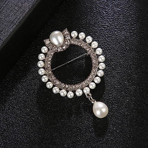 Elegant CZ Cubic Zirconia Round White Simulated Pearl Circle Brooch Pin for Women Wedding