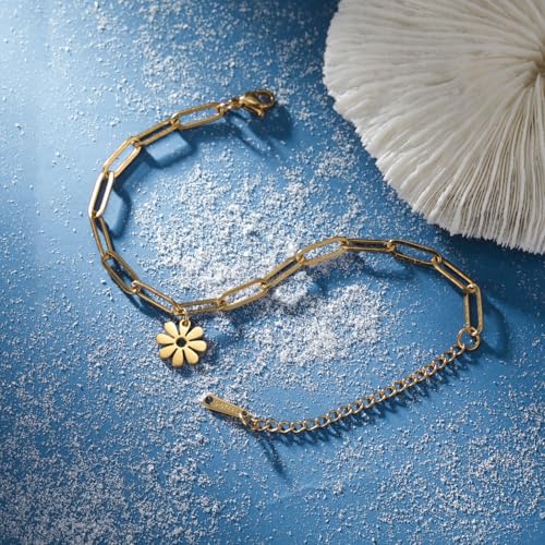 Dreamtimes Daisy Flower Anklets for Women Leaf Anklet Dainty Beach Anklet Jewelry Stainless Steel Adjustable Foot Chain Summer Boho Charm Foot Ankle Bracelet Jewelry - color: Daisy-Gold