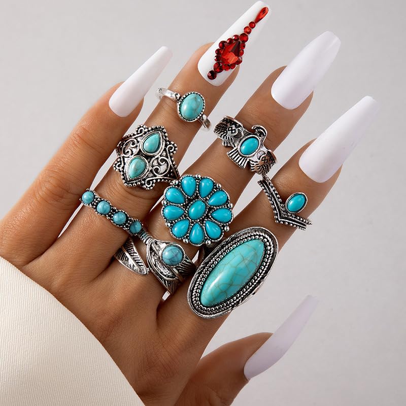 Airvess Vintage Knuckle Rings Set, Chunky Turquoise Stackable Rings, Silver Joint Finger Stacking Rings, Bohemian Western Jewelry for Women - style: 8 Pcs-1