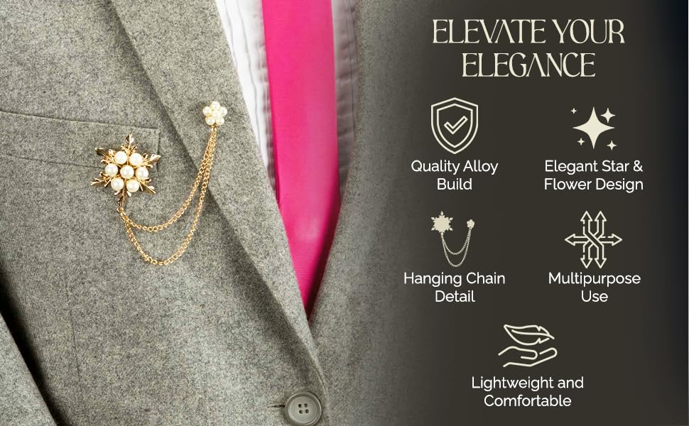 Knighthood Brooch Chain Pearl Star and Flower with Hanging Chain Brooch Lapel Pin Wedding Suit Coat for Women Men's Accessories