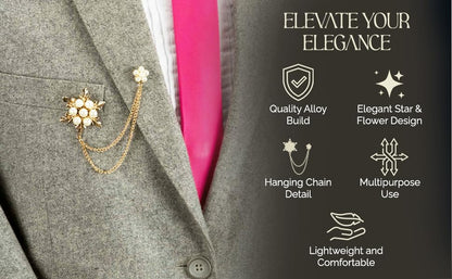 Knighthood Brooch Chain Pearl Star and Flower with Hanging Chain Brooch Lapel Pin Wedding Suit Coat for Women Men's Accessories