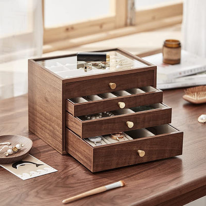 CHOSIN Black Walnut Jewelry Box for Women, 4-Layer Wooden Organizer with Glass Lid, for Watches, Necklaces, Rings & Earrings Storage Christmas Gifts | 3 Drawers, No Mirror, Unlocking, Transparent Glass Lid, Velvet Interior, Storage for Earrings, Rings, Br