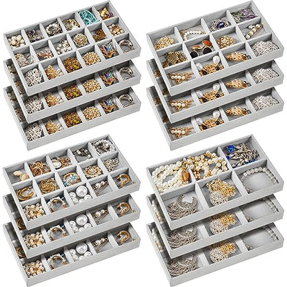 12 Pcs Jewelry Tray Velvet Stackable Jewelry Organizer Trays Divided Earring Accessories Storage Containers Box (Rose Red) - color: Gray